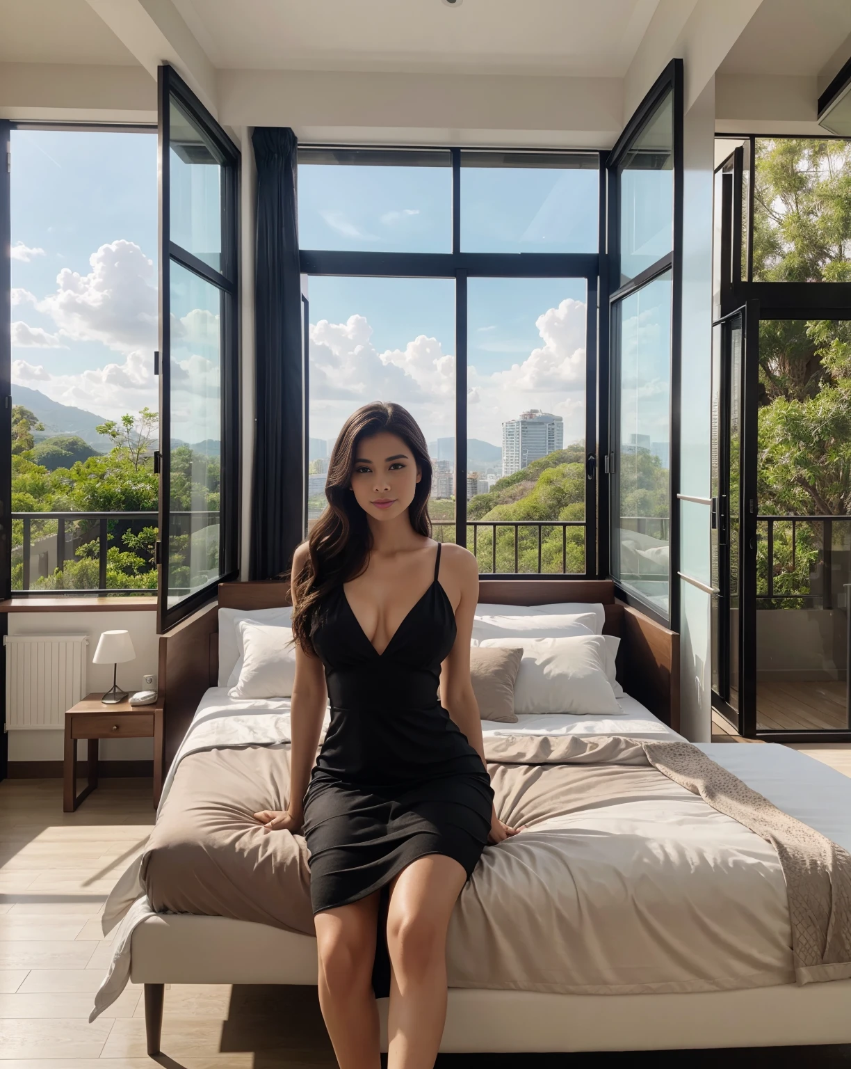 A beautiful young Brazilian woman, with the (extremely pale skin:1).wearing a black dress. standing, in a large room, with a bed with pink sheets, window overlooking the pool, Full body photo, 4k, high quality,