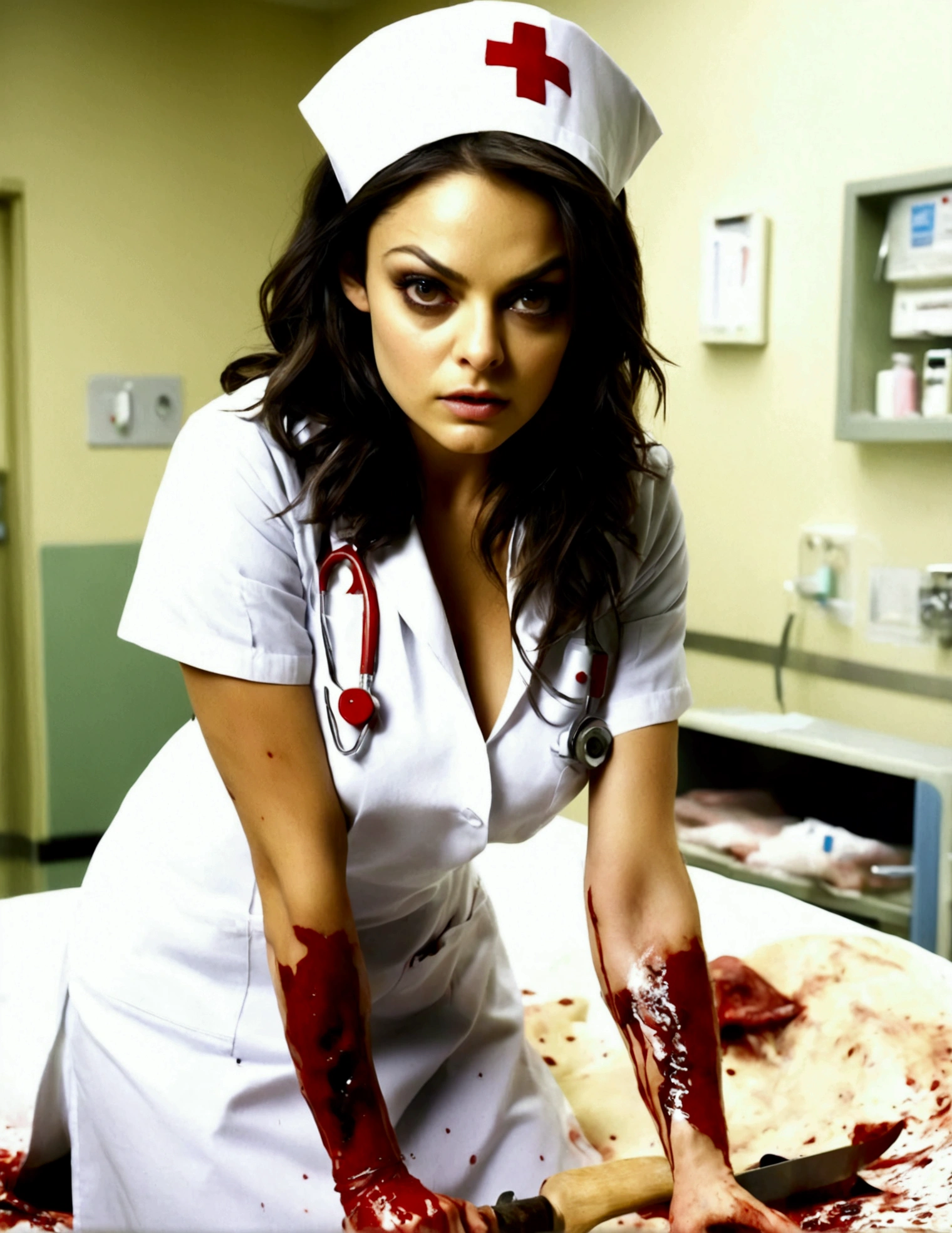 Mila Kunis, age 25, dirty dangerous sexy nurse cosplay, horror, some blood spatter, holding up a bone saw, sultry pose, hospital room
