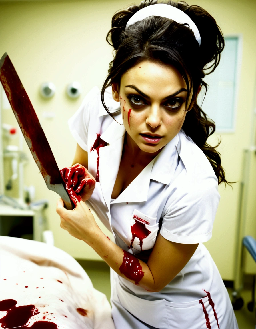 Mila Kunis, age 25, dirty dangerous sexy nurse cosplay, horror, some blood spatter, holding up a bone saw, sultry pose, hospital room
