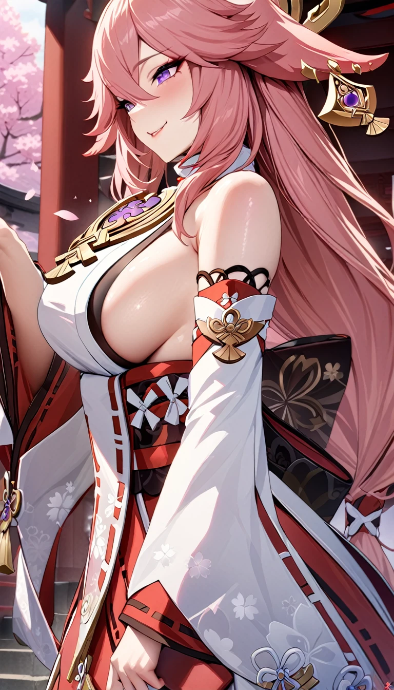 yae miko、hair ornament、japanese clothes、sideboob、detached sleeves、wide sleeves、jewelry、earrings、bare shoulders、(((best quality)), ((masterpiece)), (details), masterpiece, best quality, high quality, ulutra detailed, perfect face, Yae Shrine Maiden、Genshin Impact、Sidehiny Hair、Glowing Skin、smile、Priestess Costume、Background of a shrine with cherry blossoms in full bloom、torii、Holding inari sushi、bachong