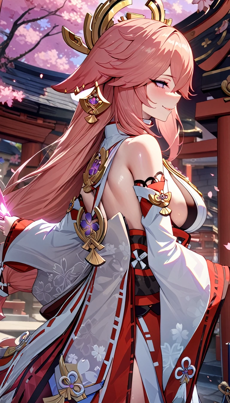 yae miko、hair ornament、japanese clothes、sideboob、detached sleeves、wide sleeves、jewelry、earrings、bare shoulders、(((best quality)), ((masterpiece)), (details), masterpiece, best quality, high quality, ulutra detailed, perfect face, Yae Shrine Maiden、Genshin Impact、Sidehiny Hair、Glowing Skin、smile、Priestess Costume、Background of a shrine with cherry blossoms in full bloom、torii、Holding inari sushi、bachong
