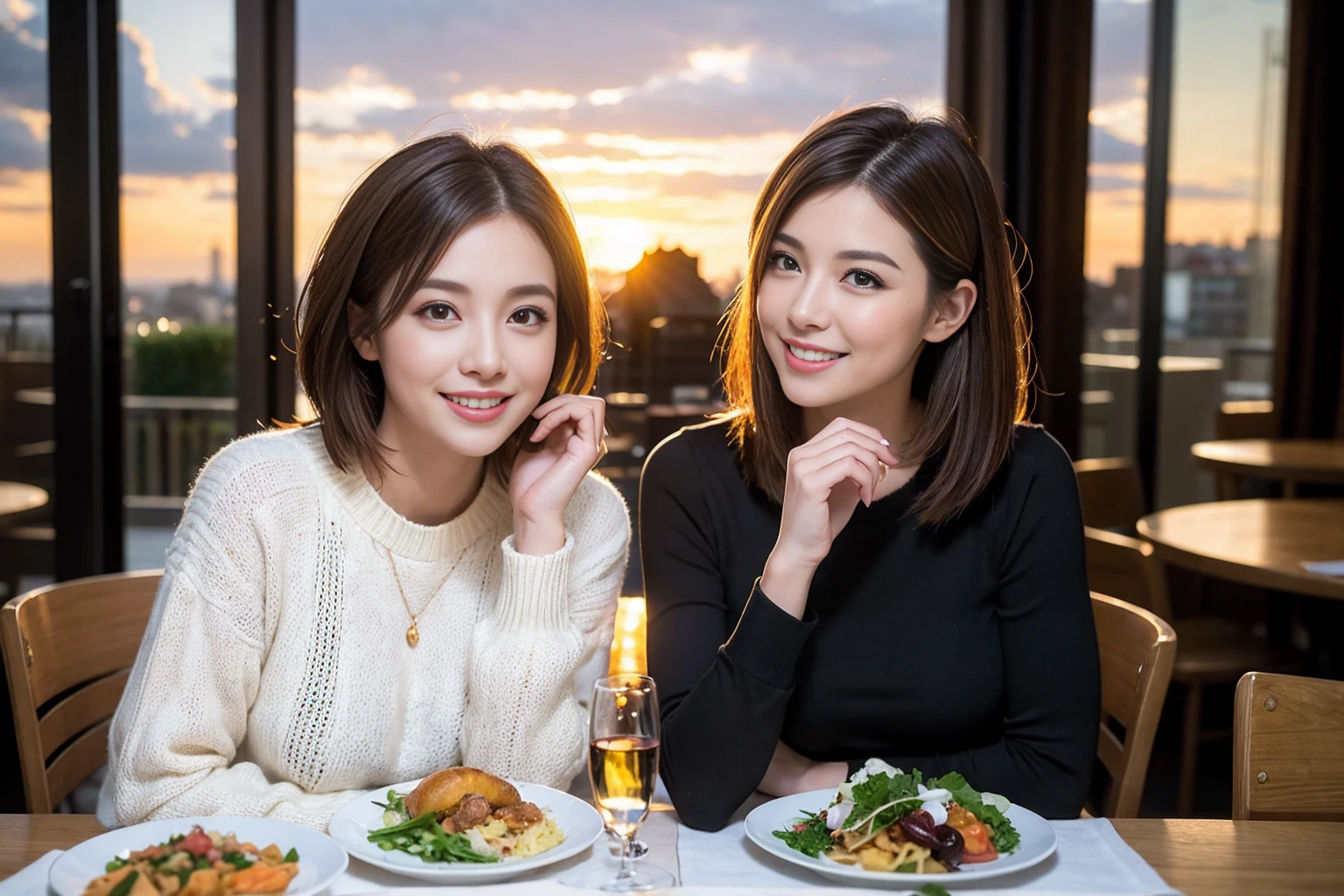 （Realistic:1.1）,(masterpiece,Highest quality)，8k,(40 years old), 42 years old, slimカップル、Model Couple、Actress/Actor、Tight waist,Upper Body,full-course dinner、wine 、Amazing view of the sunset sky and clouds、Perfect Anatomy, Brown Hair, Short Hair,Random Hairstyles,((Highly detailed face and eyes:1.2))(cute顔:1.4)，Beautiful actress face，Perfect golden ratio face，Long sleeve shirt、dress,(smile:1.2)、Shortcuts、cute、(Realistic, Intricate details:1.2), A bright smile、short hair,Bright Face、赤wine 、Appetizers、Italian food、wine bottle、Champagne、スパークリングwine、(slimな顔), (The body is slim), (Brown Hair), (Shortcuts),  Upper Body, 白wine, slim, wineグラス, 