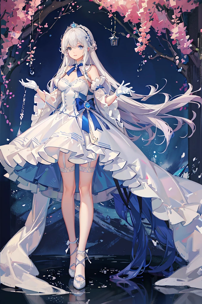 A woman with white hair and blue eyes、adult、Long, fluffy wavy hair、Braiding、Wearing hair ornaments、Smiling、Princess、White gloves、blue and white lace dress、ribbon、Decorations such as flowers and drops、The dress is short in the front and long in the back、Garter Ring、Fantasy