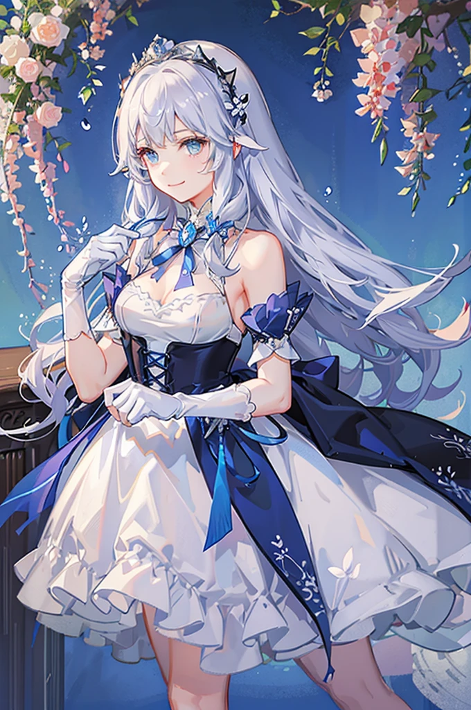 A woman with white hair and blue eyes、adult、Long, fluffy wavy hair、Braiding、Wearing hair ornaments、Smiling、Princess、White gloves、blue and white lace dress、ribbon、Decorations such as flowers and drops、The dress is short in the front and long in the back、Garter Ring、Fantasy