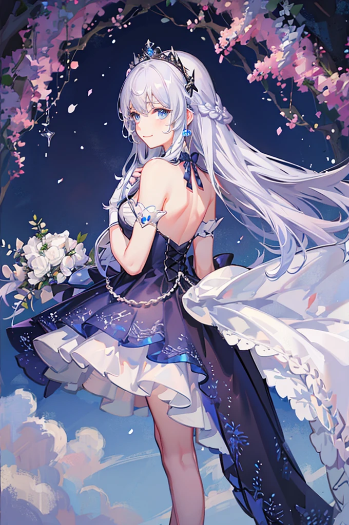 A woman with white hair and blue eyes、adult、Long, fluffy wavy hair、Braiding、Wearing hair ornaments、Smiling、Princess、White gloves、blue and white lace dress、ribbon、Decorations such as flowers and drops、The dress is short in the front and long in the back、Garter Ring、Fantasy