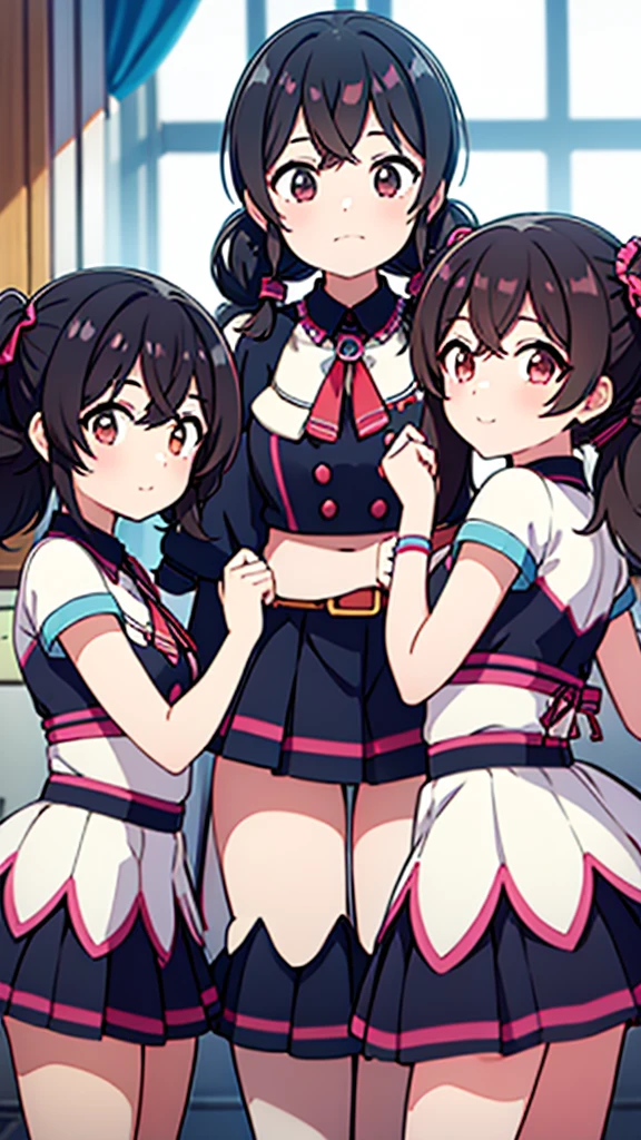 Three-piece girl band、3 girls with black hair and twin tails、fine、