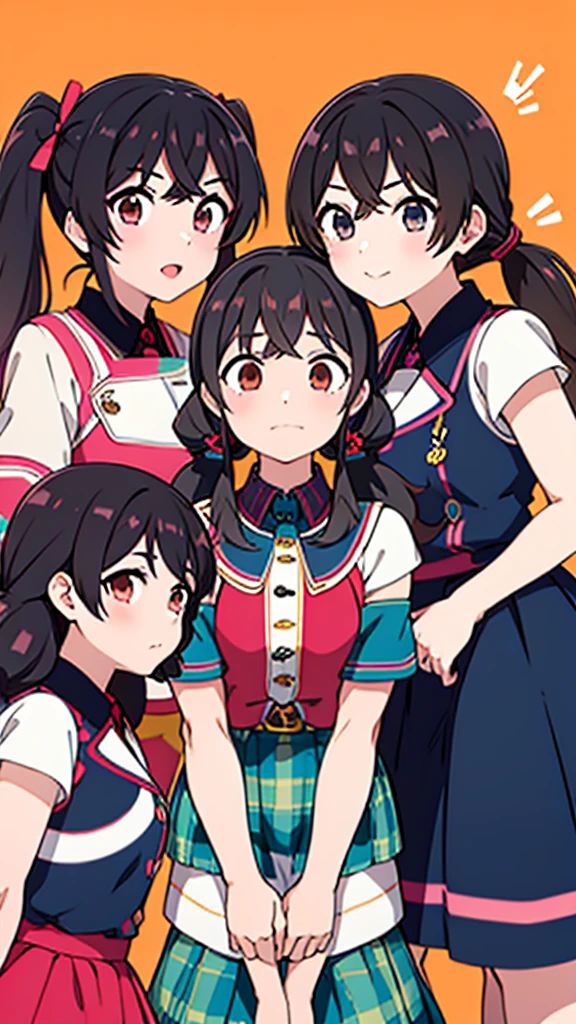 Three-piece girl band、3 girls with black hair and twin tails、fine、