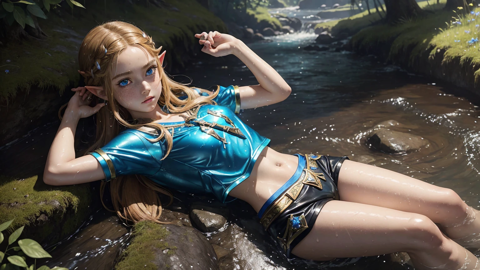 masterpiece. 4k. highly detailed epic fantasy oil painting of beautiful Princess Zelda. sparkly blue eyes, freckles. detailed stylish suit,
shiny reflective leather shorts for the summer. crop top shirt. athletic. Hyrule motif. lying on creek. sweating. rain. river. wet.
from above, eagle eye shot, far shot. wildflowers.