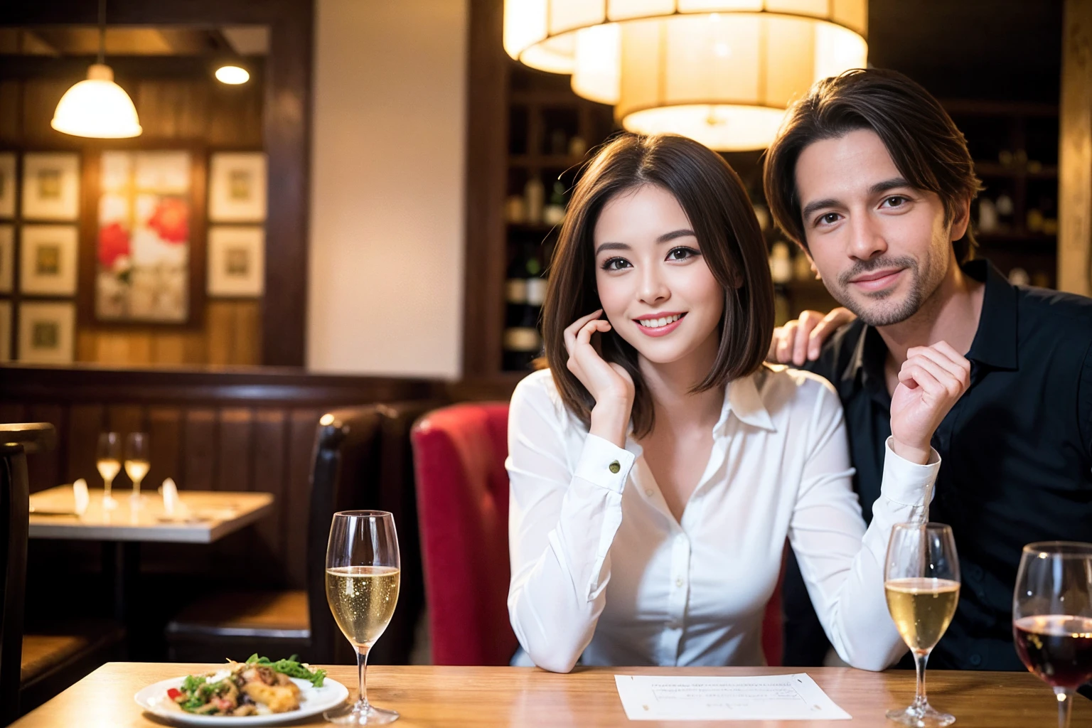 ((Highest quality、8k、masterpiece:1.3))、1 male、1 female、spouse、Beautiful couple、smile、full-course dinner、 (Slim face), (the body is スリム), (Brown Hair), (Shortcuts), ((Bob Hale、Straight hair:1.2)), テーブルの上のwine glass、Put the light on your face、 Amazing view of the sunset sky and clouds、smileの美しさ、Bright image、blush, Shortcuts, (Age 35), 39 years old, Appetizers、Italian food、Wine bottle、Champagne、sparkling wine、Long sleeve shirt、dress、Attractive beauty、restaurant, Nova Frog Style, actress, model, Upper Body, White wine, red wine, wine glass, 