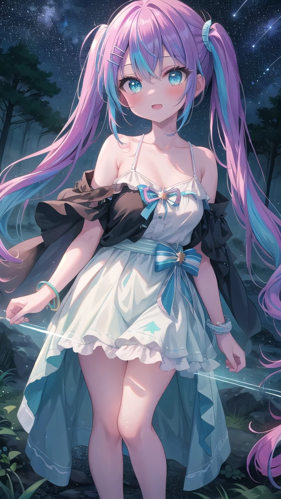 (8K, best quality, master piece: 1.2),super high resolution,1 girl, solo, full body ,ultra-detailed face, blush, Rainbow hair, (Pigtails:1.3), thin hair clip, cyan colorshift eyes, expressive eyes, collarbone, Ecstatic expression, Midnight, Shining stars and shooting stars, coastline, mystical robe,bracelets, She stands in an ancient, misty forest, with the faint glow of her magic illuminating the surroundings.