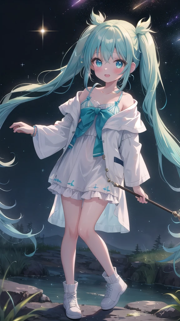 (8K, best quality, master piece: 1.2),super high resolution,1 girl, solo, full body ,ultra-detailed face, blush, Rainbow hair, (Pigtails:1.3), thin hair clip, cyan colorshift eyes, expressive eyes, collarbone, Ecstatic expression, Midnight, Shining stars and shooting stars, coastline, mystical robe,bracelets, She stands in an ancient, misty forest, with the faint glow of her magic illuminating the surroundings.