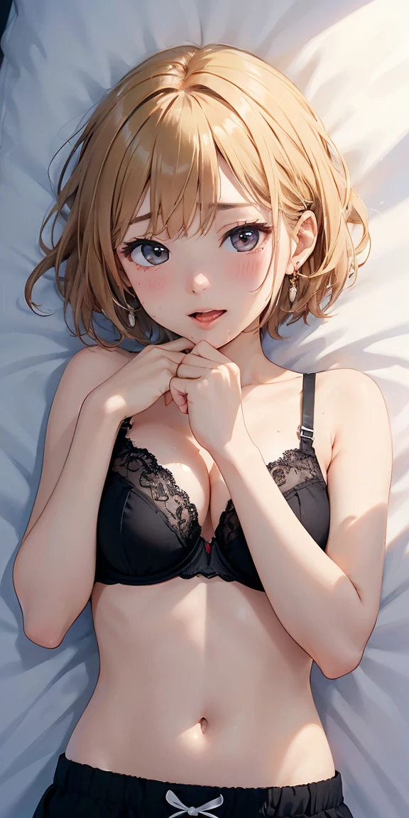 (Best Quality,High resolution,8K,finelity detailed background,Masterpiece:1.2),beautiful girl,Shiny khaki hair,messy hair,Khaki Eyes,Gentle look,A refreshing look,Best quality,Best Quality,Aesthetic and aesthetic:1.2,Best details((Super detailed))(High-definition CG illustrations),l Black underwear (black,intricate lace),Slender body,Late Night,Moonlit Night,Bedroom,On the bed,smile,blush,cute,Scrounge,Looking up,Being spoiled,super model,on back,shoot from above