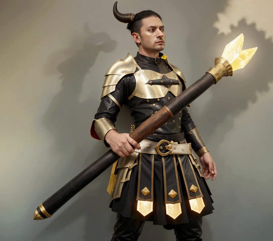 man with a black horn protruding from his head, glaring at the viewer, light red skin, 5 o clock shadow, wearing pale leather armor, leather skirt armor, dark pants, holding a magical staff with a bright yellow gem at the tip of the staff