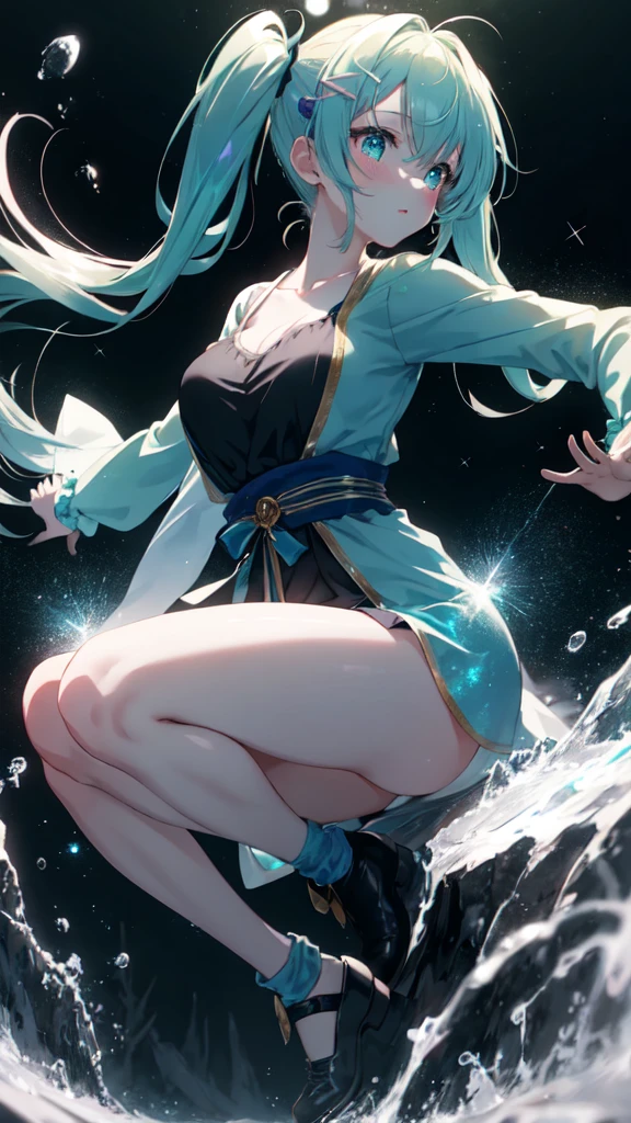 (8K, best quality, master piece: 1.2),super high resolution,1 girl, solo, full body ,ultra-detailed face, blush, Rainbow hair, (Pigtails:1.3), thin hair clip, cyan colorshift eyes, expressive eyes, collarbone, Ecstatic expression, Midnight, Shining stars and shooting stars, coastline, mystical robe,bracelets, She stands in an ancient, misty forest, with the faint glow of her magic illuminating the surroundings.
