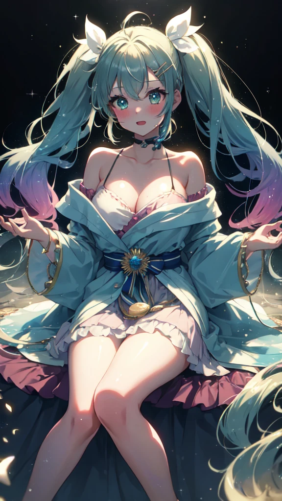 最high quality、Best image quality、masterpiece、and((cute、18-year-old、Best Bust、Medium Bust、Beautiful Blue Eyes、Spread your chest wide,Pastel Hair、ponytail、Disheveled Hair、thin、Highest Valley、Pastel Dress、smile、necklace、Wristband、))high quality、Beautiful art、background((Pastel Room、Live Performance Venues)),Tabletop、Exquisite design、Visual Arts、Written boundary depth、Best lighting、Highest detail、8k