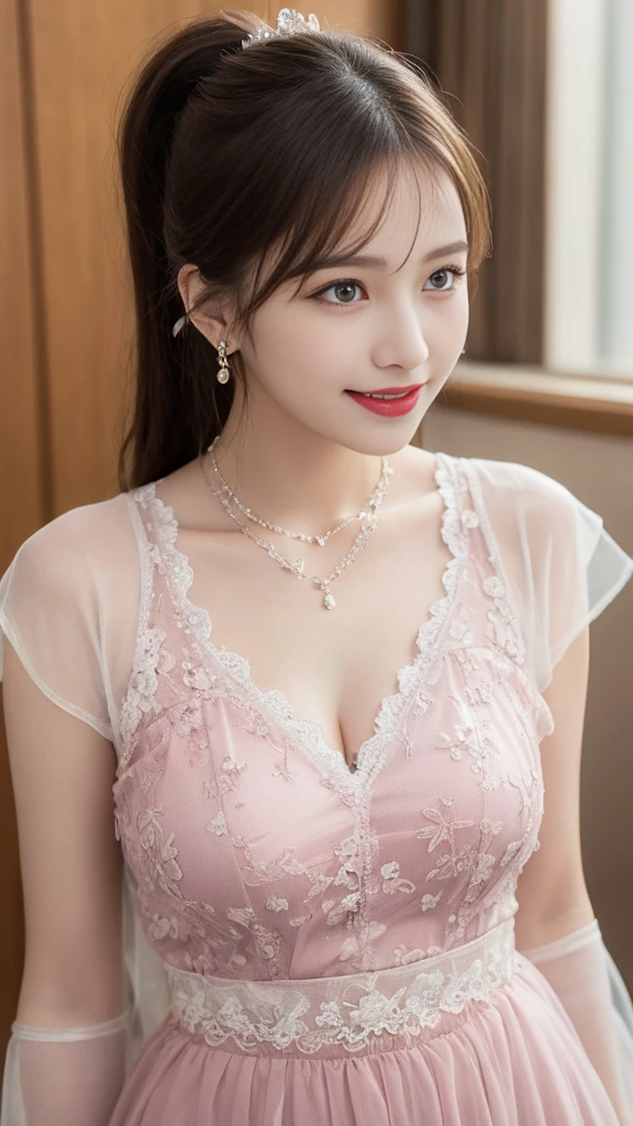 (masterpiece:1.3, Highest quality), (Realistic, photoRealistic:1.4), beautiful photo, (Natural Side Lighting, Cinema Lighting), Look down, whole body, From below, 1 Girl, Japanese, (reception), 20-year-old, Perfect Face, (Perfect Anatomy), Cute and symmetrical face, Shiny skin, (Long Hair, ponytail, Brown Hair, Pink hair ribbon), Swept-apart bangs, Dark blue eyes, Slanted Eyes, Long eyelashes, (Large Breasts: 0.8), Beautiful Hair, Beautiful Face, Beautiful attention to detail, Beautiful clavicle, Beautiful body, Beautiful breasts, Beautiful thighs, Beautiful feet, Beautiful fingers, ((Very detailed see-through costume, Sheer square neck dress, )), (Beautiful views, Depth of written boundary, Detailed Background), evening, (Office Room), indoor, Overlooking:building, Are standing, (smile),((Prostitute))