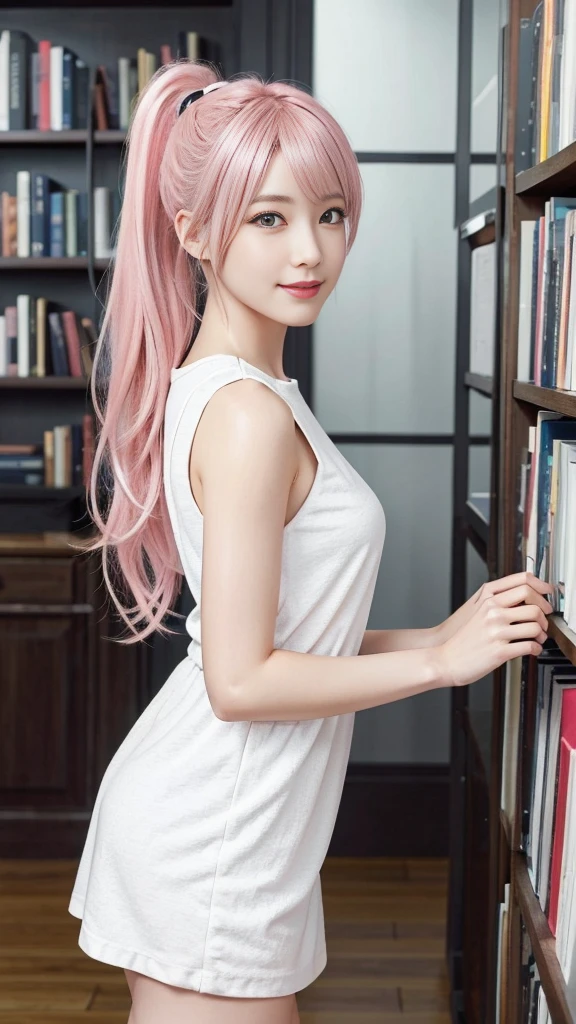A woman with pink hair and a white dress, Anime realism style, Unreal 5. RPG Portrait, cgsociety portrait, Realistic art style, Smooth anime CG art, Photorealistic Anime Girl Rendering, Realistic anime 3D style, Loss Draw 1. 0, Realistic 3D animation, ArtJam ; 3d unreal engine, Realistic anime art style，The background is inside the library，The best smile、Side Ponytail、Reading a book