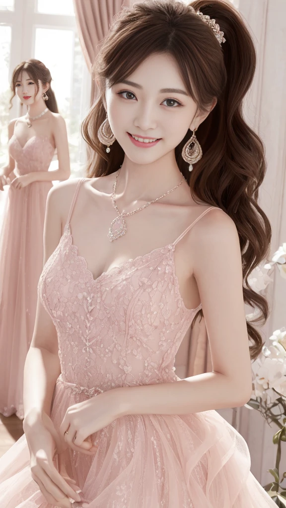Fine details, high resolution, high quality、Perfect dynamic composition, Beautiful and delicate eyes, Double ponytail hairstyle, Beautiful breasts 、Natural lipstick, Face,Kamiaki、2 girls、clear translucent skin、Shiny hair、Pink luxury clothes、Fluffy skirt、Delicate lace、Complex dress、Exquisite hair accessories、Intricate earrings、Complex necklaces、a smile