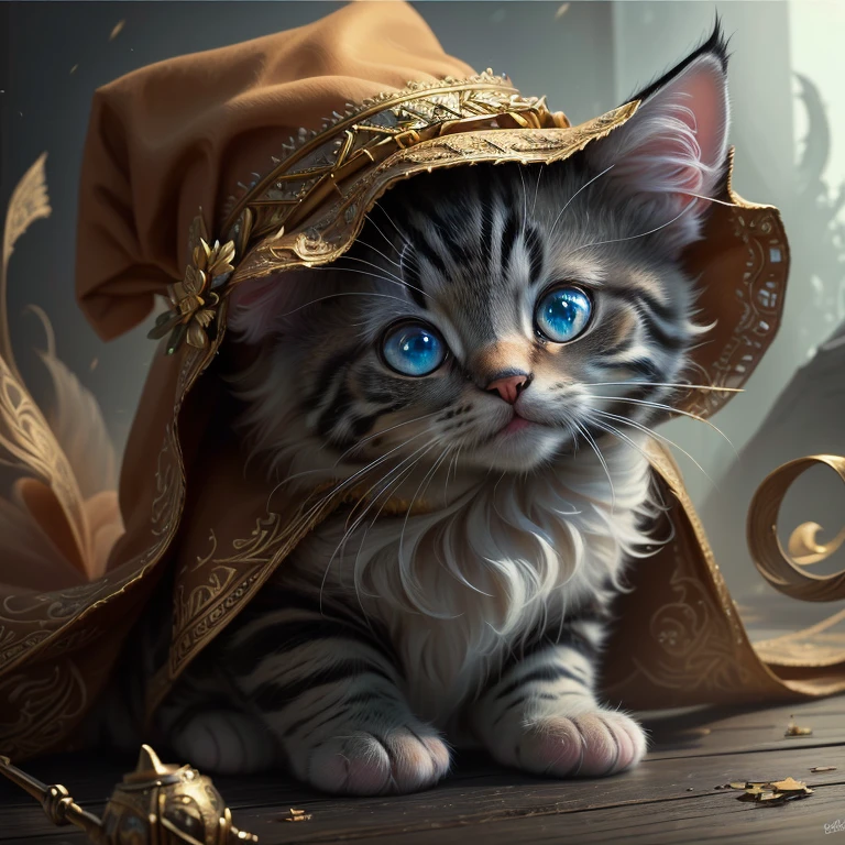 A photorealistic picture of an adorable kitten that is wearing a wizard's hat, 4k highly detailed digital art, detailed painting 4 k, adorable digital painting, cute detailed digital art, 4k detailed digital art, hyperrealistic fantasy art, realistic digital art 4 k, realistic digital art 4k, 4k fantasy art, 4 k detail fantasy, 8k high quality detailed art