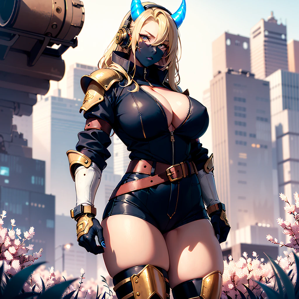 ((best quality)), ((masterpiece)), (detailed), 1girl, 8k_wallpaper, extremely detailed eyes, extremely detailed body, beautiful face, perfect face, detailed ((blonde hair)), (gold eyes), ((large big red and blue horns)), {{dark skin}}, ({dark skinned female}), gigantic breasts, thick thighs, strong arm and leg muscles, strong abdominal muscles, Monster women, Korean women, wearing a modern short black cloth jacket with rolled up sleeves, (wearing heavy gold colored steel cyberpunk armor), a wide red leather belt with blue steel yarn, steel boots, steel thigh guards, a military radio hangs on her belt, a biker girl, she rides on another planet along a lilac field against the backdrop of a blue desert and high red mountains,