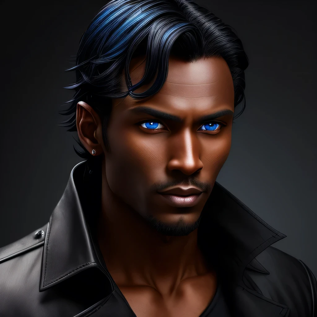 Man in his thirties with black hair. Steel blue eyes and dark skin. He looks like a scoundrel.