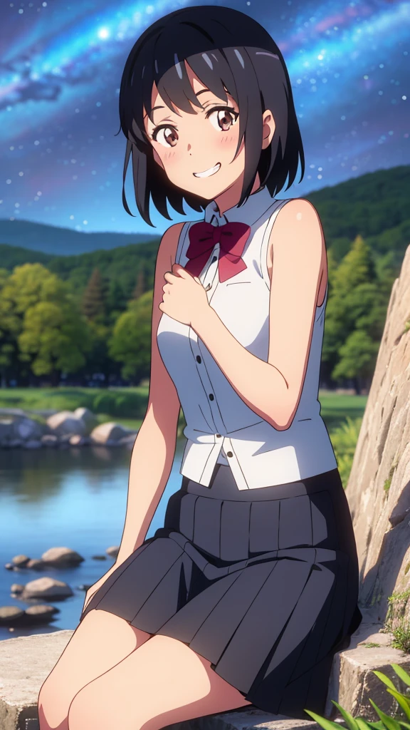 shinkai makoto, kimi no na wa., 1girl, bangs, black hair, blush, expressive eyes, brown eyes, perfect face, looking at the viewer, sleeveless dress, skirt, short hair, solo, outdoors, shinny skin, smile, cute, grin, night sky, mountains, rocks, sitting, (masterpiece), best quality