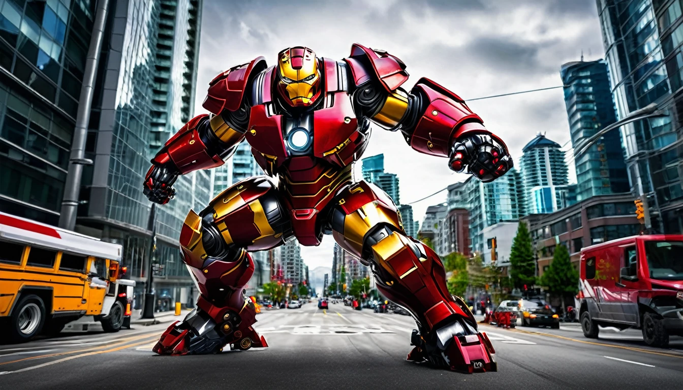 Hulkbuster-like mech ready for battle, Vancouver, high-quality artwork, anime style, intense lighting, cityscape background, heroic pose, dramatic shadows, carbon fiber paint job with red side highlights, repulser cannons on wrists, dynamic motion, slams fist into the ground, hockey goalie faceplate, hockey goalie visor, grey visor covering face, epic superhero