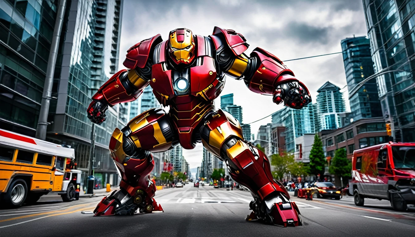 Hulkbuster-like mech ready for battle, Vancouver, high-quality artwork, anime style, intense lighting, cityscape background, heroic pose, dramatic shadows, carbon fiber paint job with red side highlights, repulser cannons on wrists, dynamic motion, slams fist into the ground, hockey goalie faceplate, hockey goalie visor, grey visor covering face, epic superhero
