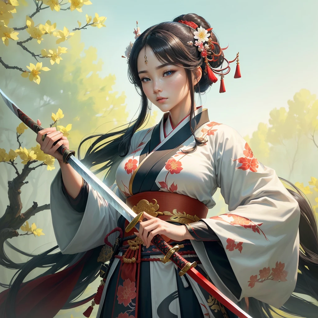 arafed image of a woman in a kimono with a sword, inspired by Li Mei-shu, she is holding a katana sword, inspired by Cao Zhibai, inspired by Ju Lian, inspired by Guan Daosheng, inspired by Wu Zuoren, inspired by Zhao Yuan, inspired by Zhao Mengfu, beautiful character painting, Highly detailed CG unit 8k wallpaper, masterpiece, High resolution, highest quality, highest quality real texture skin, Super Real, Digital Painting, Best image quality, 最High resolution, 8k, ((Highly detailed eyes and face, Beautiful eyes every detail)), red iips, Hanfu, Big Breasts, Cleavage,