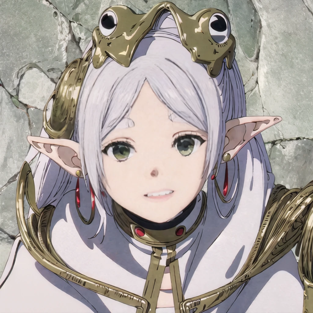 1girl, (masterpiece:1.3), (high resolution), (8K), (extremely detailed), (4k), (pixiv), perfect face, nice eyes and face, (best quality), (super detailed), detailed face and eyes, (solo), textured skin, absurdres, highres, a frog over her head, wz_sousou_no_frieren_style, wz_sousou_no_frieren_style, twintails, very long hair, silver hair, pointy ears, elf, white capelet, green eyes, black pantyhose, earrings, white skirt, belt, white sleeves, light, face picture pov zoom, smile, light rays, sunlight