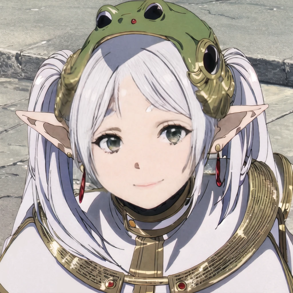 1girl, (masterpiece:1.3), (high resolution), (8K), (extremely detailed), (4k), (pixiv), perfect face, nice eyes and face, (best quality), (super detailed), detailed face and eyes, (solo), textured skin, absurdres, highres, a frog over her head, wz_sousou_no_frieren_style, wz_sousou_no_frieren_style, twintails, very long hair, silver hair, pointy ears, elf, white capelet, green eyes, black pantyhose, earrings, white skirt, belt, white sleeves, light, face picture pov zoom, smile, light rays, sunlight