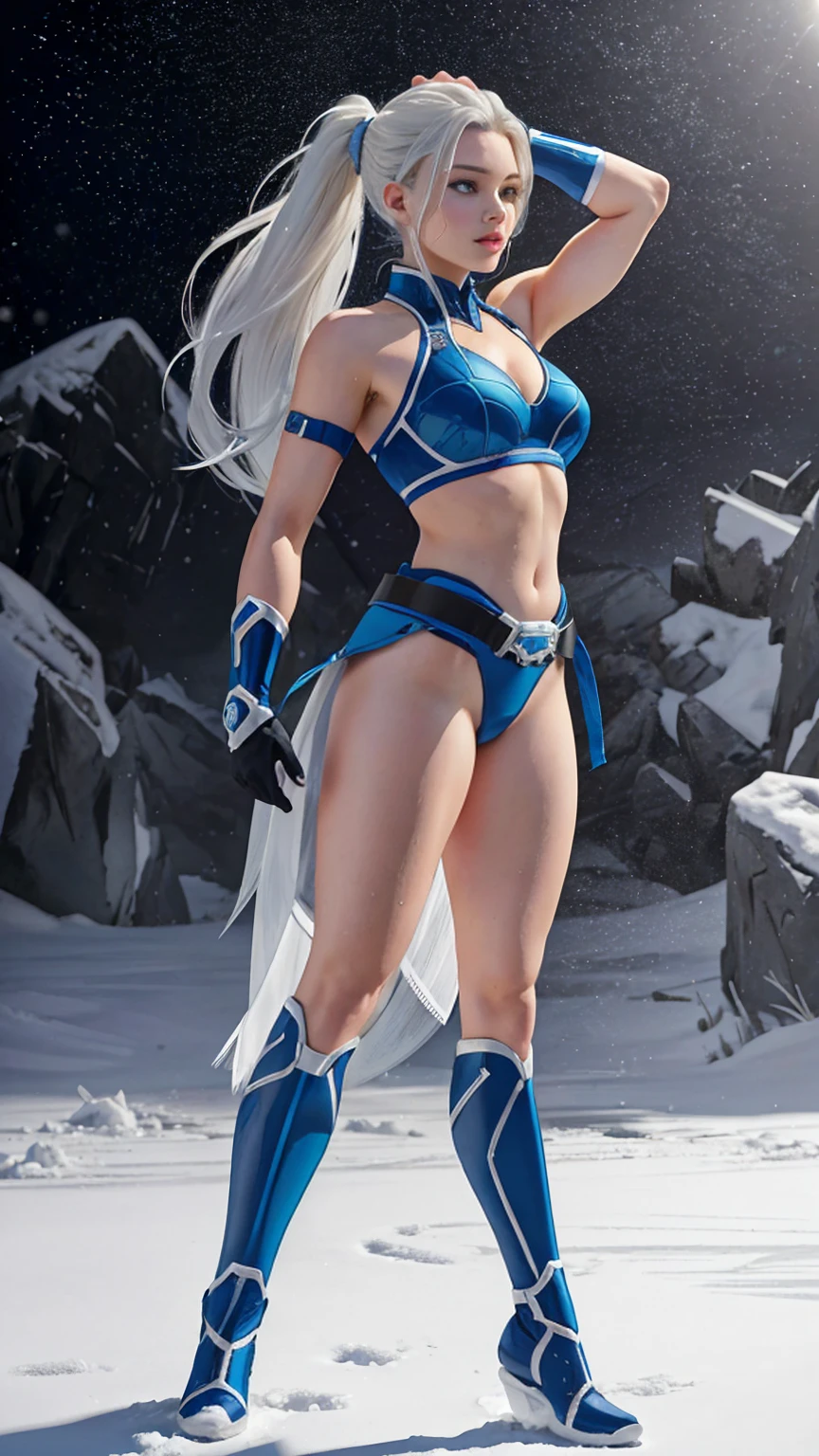 (((full body photo))), ((Full body photo,standing, feet on the ground)) flats for women, ( Masterpiece, 4k resolution, ultra-realistic, very detailed) sexy beautiful superheroine, has ice powers, white hair ponytail, back midriff with blue outlines and a snowflake symbol on her right, has black gloves with fur on her the wrist part, wears black tight pants, with a blue belt, blue lines full body in the style of realism, glistening skin, , natural lighting, Defined full lips. fitness feminine body. portrait photography by artgerm, in the style of realism, glistening skin, , natural lighting, Defined full lips. Muscular fitness feminine body,