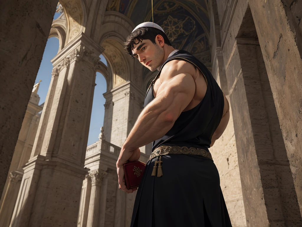 looking back, Darius Ferdynand wearing a tight tunic, black and white, sleeveless, of the Roman Catholic Pope, without wearing pants, revealing his huge round muscular butt, looking at the viewer, peaceful and fair expression, BREAK St dynamic pose. Peter's Basilica, vatican, heroic rest, Religious reasons, chiaroscuro, Renaissance art, ecclesiastical power, realistic BREAK, cinematographic, Best Quality, detailed background, depth of field, intricate details
