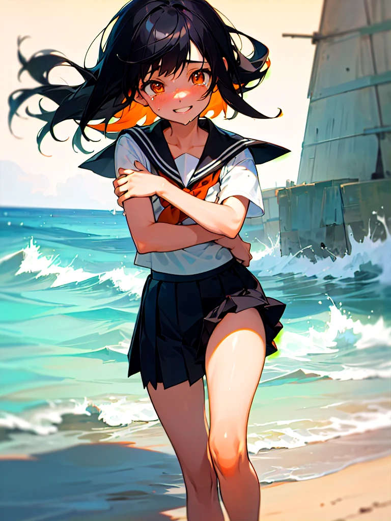 Highest quality,One girl, Shortcuts,masterpiece, High resolution, Anatomically correct, Orange eyes,far and near method, Anime Style, Black Hair, Feet out of frame, Sailor suit,Pleated skirt,beach, Sunburn,Slanted Eyes, Are crying, smile