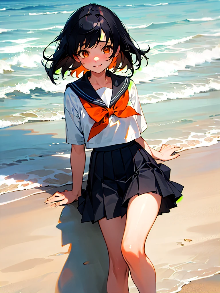 Highest quality,One girl, Shortcuts,masterpiece, High resolution, Anatomically correct, Orange eyes,far and near method, Anime Style, Black Hair, Feet out of frame, Sailor suit,Pleated skirt,beach, Sunburn,Slanted Eyes, Are crying, smile