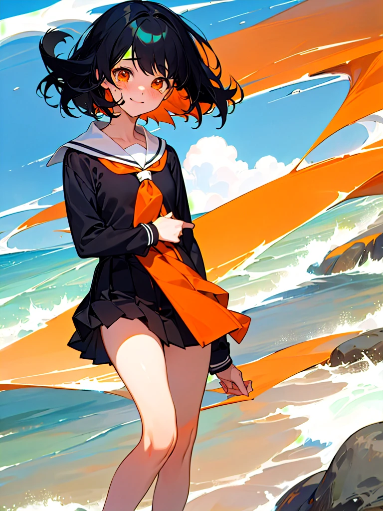 Highest quality,One girl, Shortcuts,masterpiece, High resolution, Anatomically correct, Orange eyes,far and near method, Anime Style, Black Hair, Feet out of frame, Sailor suit,Pleated skirt,beach, Sunburn,Slanted Eyes, Are crying, smile