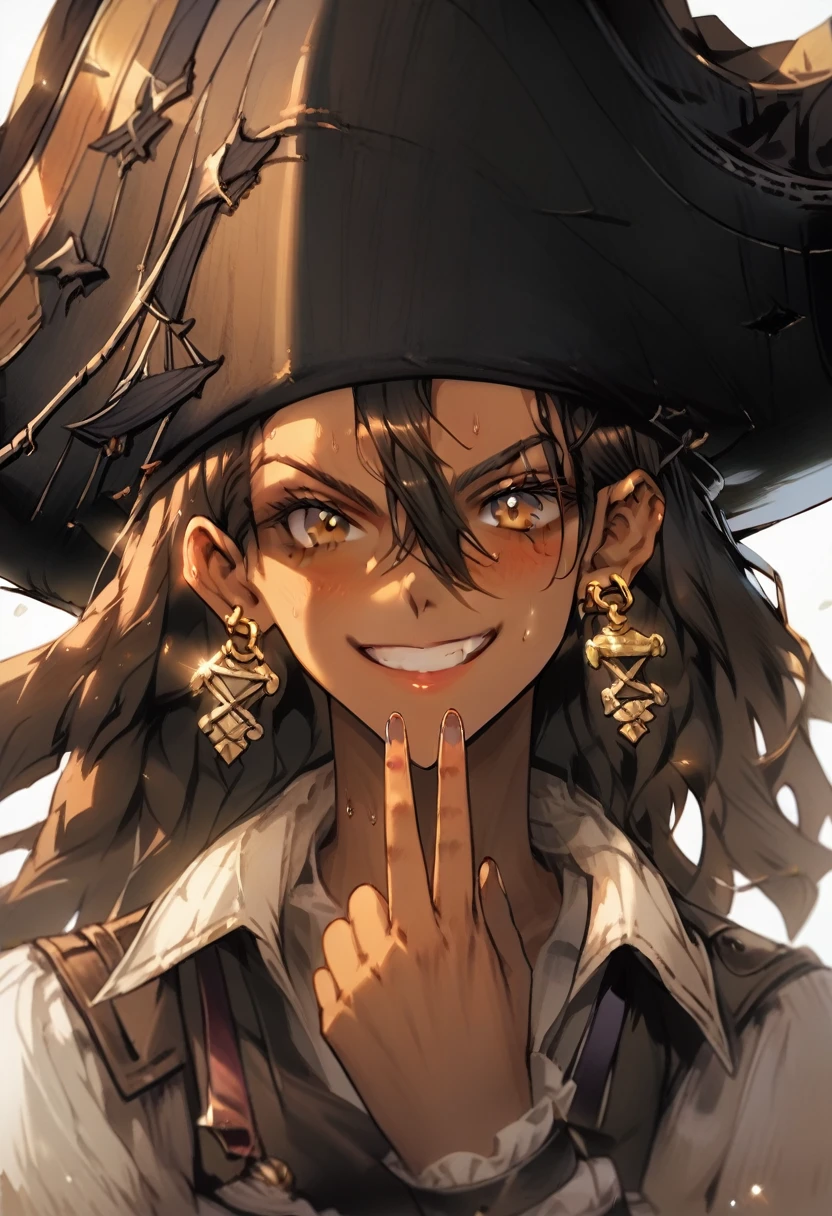 (masterpiece), best quality, expressive eyes, perfect face, perfect eyes, perfect hair, perfect body, perfect hands, perfect fingers, high detail, best detail, pirate, cavalier pirate hat, pirate leathers, holding sword, , cocky smile, confident, dominant, powerful, pirate raid, raiding ship, fighting, dark skin, beautiful brown skin, beautiful dreadlocks, Adult Female, sweat, toned body, alone, brown hair, brown eyes, 