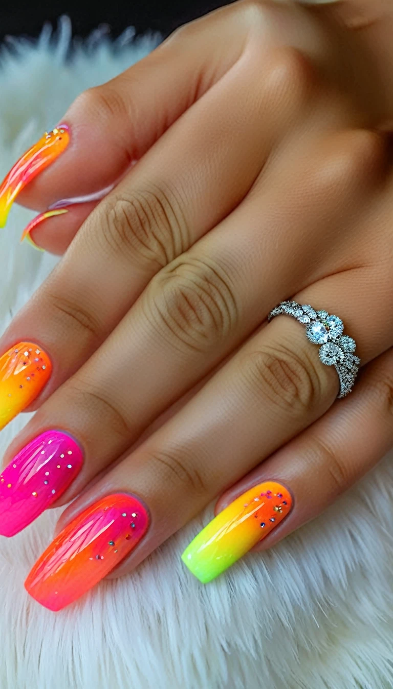 Hand with 5 fingers colorful detailed nails, intricate nail art, multiple nail designs, shiny metallic nails, neon glitter nails, holographic nail polish, 3d nail decorations, gemstone embellished nails, abstract nail art patterns, vibrant ombre nails, (best quality,4k,8k,highres,masterpiece:1.2), ultra-detailed, (realistic,photorealistic,photo-realistic:1.37), macro photography, studio lighting, professional nail salon
