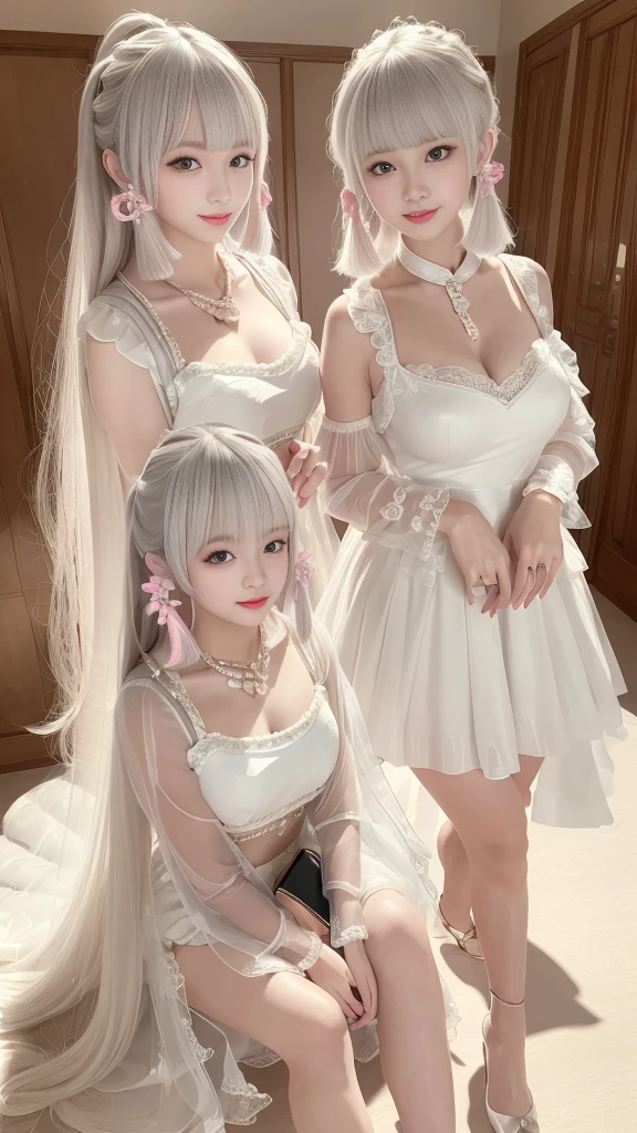 girl beauty big white liquid open legs long hair gray hair bikini ecstasy shame tail maid feather twins sisters mother daughter intimate hugs ，loli face，Two loli daughters and a loli mother，on top of the bed，opening legs，opening legs，huge tit