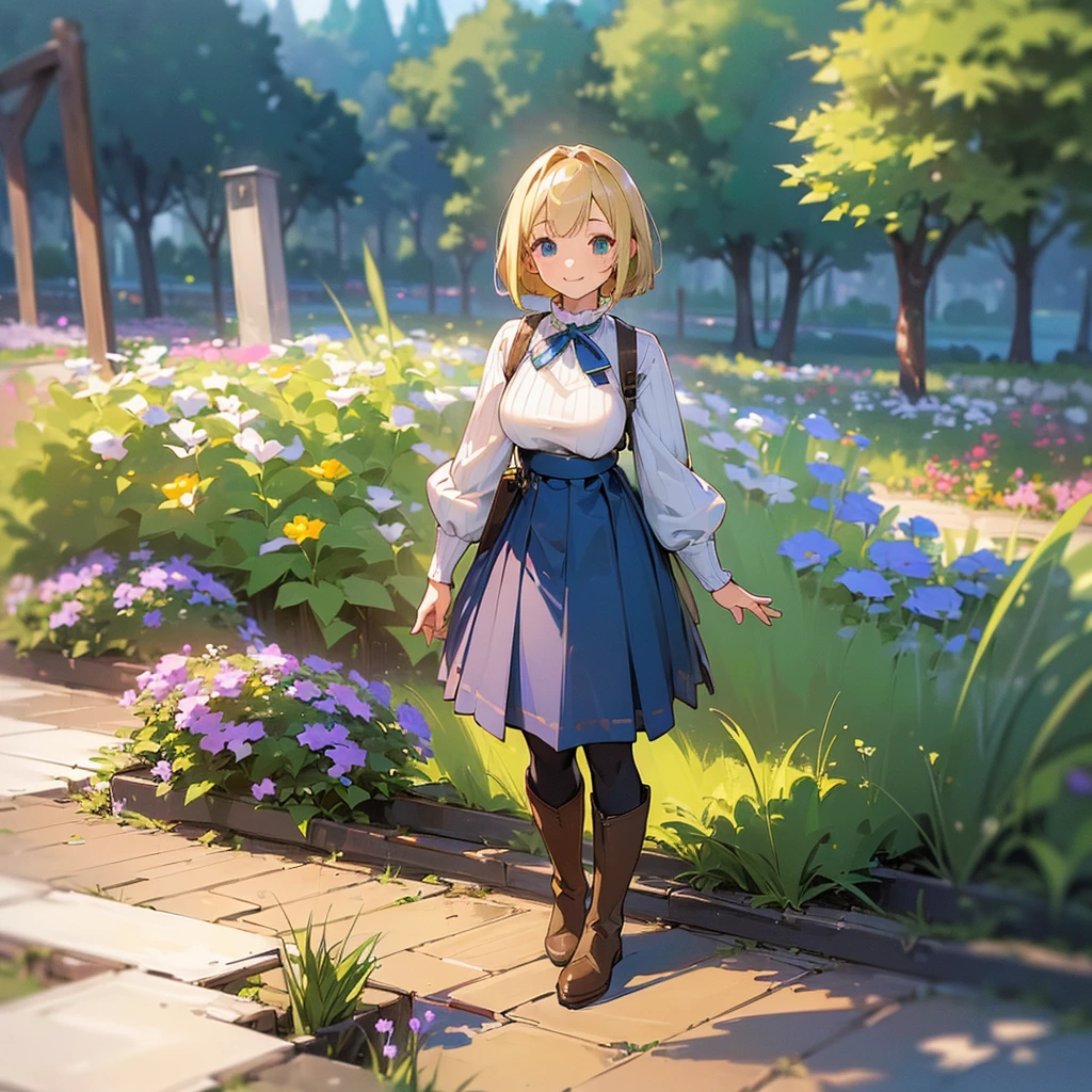 (high quality, High resolution, Very detailed, reality:1.37), Peaceful atmosphere, (Outdoor, garden), Teenage girl standing alone, (my breasts are big.), Beautiful details, Cute Smile, (Blonde Bob Hair), Ribbed sweater, Blue Skirt, Black tights, Brown boots.