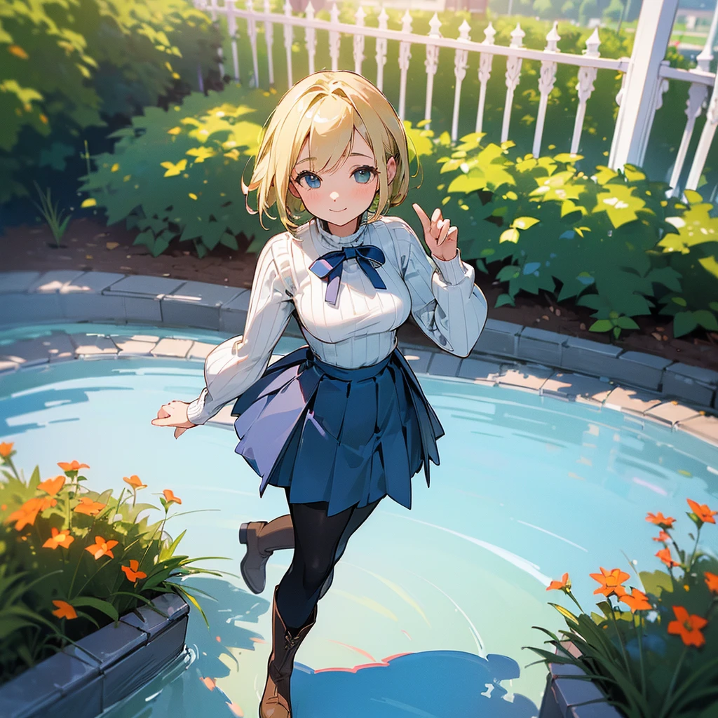 (high quality, High resolution, Very detailed, reality:1.37), Peaceful atmosphere, (Outdoor, garden),  girl standing alone, (my breasts are big.), Beautiful details, Cute Smile, (Blonde Bob Hair), Ribbed sweater, Blue Skirt, Black tights, Brown boots.