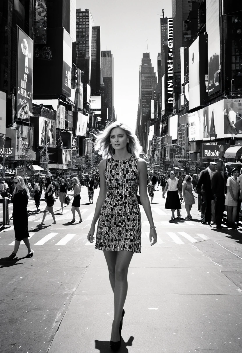 English blonde woman model walking down a busy city street in a dress, proportion of fashion models, a black and white photo, digital art, in time square, standing in time square, 4x5 styled street photography, street photo, street photography style, shot with hasselblad, shot on hasselblad, ((anamorphic lens)), (lens flare), CHANEL advertising, in times square, street photograph, street photography, kodak 400tx, mesmerizing, ((black and white photography)), (low key)