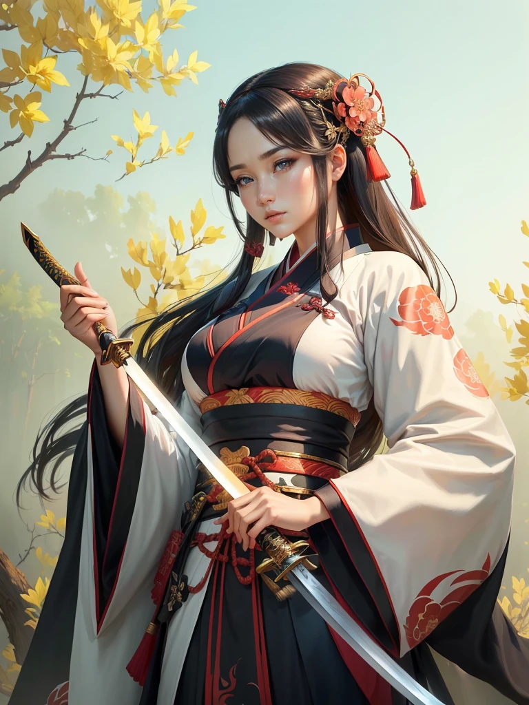 arafed image of a woman in a kimono with a sword, inspired by Li Mei-shu, she is holding a katana sword, inspired by Cao Zhibai, inspired by Ju Lian, inspired by Guan Daosheng, inspired by Wu Zuoren, inspired by Zhao Yuan, inspired by Zhao Mengfu, beautiful character painting, Highly detailed CG unit 8k wallpaper, masterpiece, High resolution, highest quality, highest quality real texture skin, Super Real, Digital Painting, Best image quality, 最High resolution, 8k, ((Highly detailed eyes and face, Beautiful eyes every detail)), red iips, Hanfu, Big Breasts, Cleavage, 