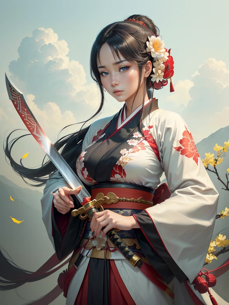 arafed image of a woman in a kimono with a sword, inspired by Li Mei-shu, she is holding a katana sword, inspired by Cao Zhibai, inspired by Ju Lian, inspired by Guan Daosheng, inspired by Wu Zuoren, inspired by Zhao Yuan, inspired by Zhao Mengfu, beautiful character painting, Highly detailed CG unit 8k wallpaper, masterpiece, High resolution, highest quality, highest quality real texture skin, Super Real, Digital Painting, Best image quality, 最High resolution, 8k, ((Highly detailed eyes and face, Beautiful eyes every detail)), red iips, Hanfu, Big Breasts, Cleavage,