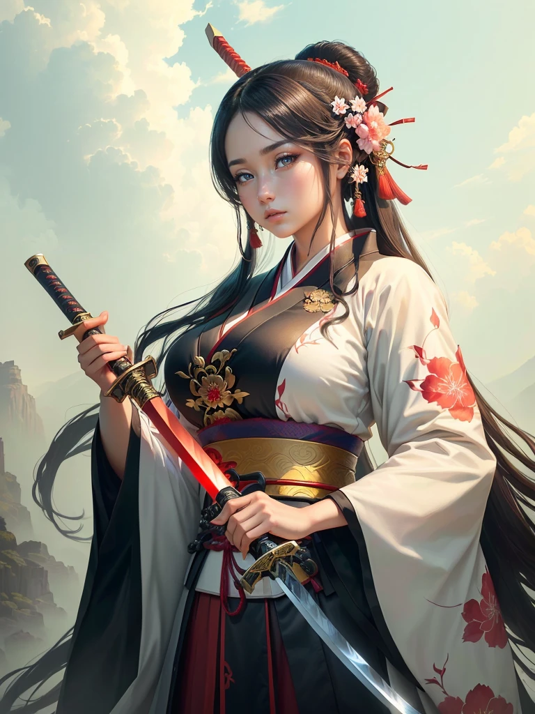 arafed image of a woman in a kimono with a sword, inspired by Li Mei-shu, she is holding a katana sword, inspired by Cao Zhibai, inspired by Ju Lian, inspired by Guan Daosheng, inspired by Wu Zuoren, inspired by Zhao Yuan, inspired by Zhao Mengfu, beautiful character painting, Highly detailed CG unit 8k wallpaper, masterpiece, High resolution, highest quality, highest quality real texture skin, Super Real, Digital Painting, Best image quality, 最High resolution, 8k, ((Highly detailed eyes and face, Beautiful eyes every detail)), red iips, Hanfu, Big Breasts, Cleavage,