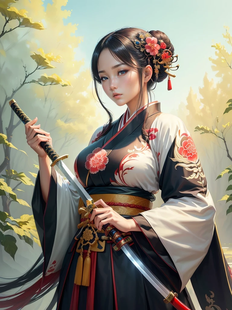 arafed image of a woman in a kimono with a sword, inspired by Li Mei-shu, she is holding a katana sword, inspired by Cao Zhibai, inspired by Ju Lian, inspired by Guan Daosheng, inspired by Wu Zuoren, inspired by Zhao Yuan, inspired by Zhao Mengfu, beautiful character painting, Highly detailed CG unit 8k wallpaper, masterpiece, High resolution, highest quality, highest quality real texture skin, Super Real, Digital Painting, Best image quality, 最High resolution, 8k, ((Highly detailed eyes and face, Beautiful eyes every detail)), red iips, Hanfu, Big Breasts, Cleavage,