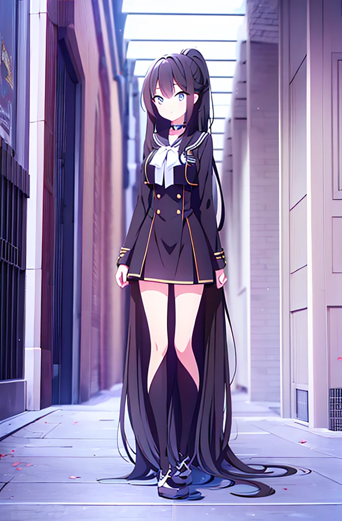 hair length about 5 meters girl long_hair black_hair tall black_uniform highschool 1girl high ponytail super long hair long hair