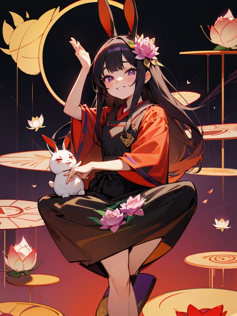 Buddha, rabbit ears, Black long hair, Red Japanese pattern dress, Halo, 宴, lotus flower field, purple eyes, smile, Japanese flag
, lotus bouquet, paradise, Rose hair ornament.Gold Screen Chibi Maruko-chan