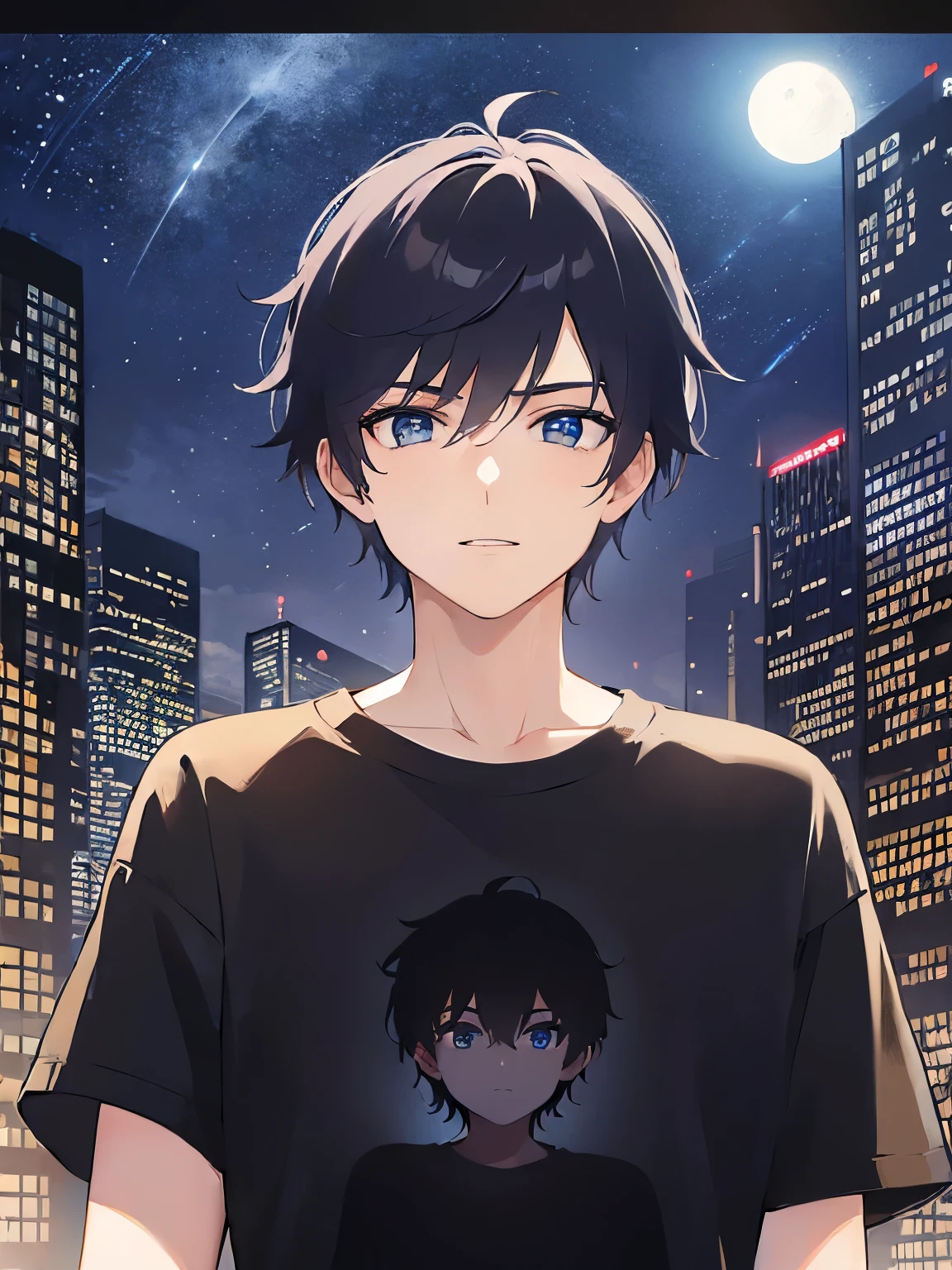 (25-year-old male:1.5) and (Black short hair) and (blue eyes) (black:1.5) and (T-Shirts:1.5),(looking at viewer:1.5),upper body、shiny skin, masterpiece、Highest quality,light smile、(Night Park:1.5)、(Night Sky:1.5)、(grass:1.3),(alone:1.5)