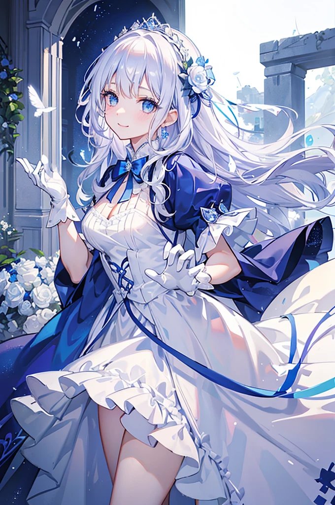A woman with white hair and blue eyes、adult、Long, fluffy wavy hair、Braiding、Wearing hair ornaments、Princess、White gloves、blue and white lace dress、ribbon、The dress is short in the front and long in the back、Garter Ring、Fantasy